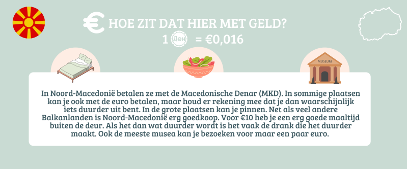 In Noord-Macedonië betalen ze met de Macedonische Denar (MKD). Soms kan je met de euro betalen, maar dan ben je vaak iets duurder uit. Noord-Macedonië is erg goedkoop.