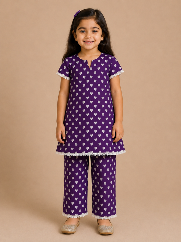 Purple Heart Print Baby Girl Kameez & Kapri Trouser Set