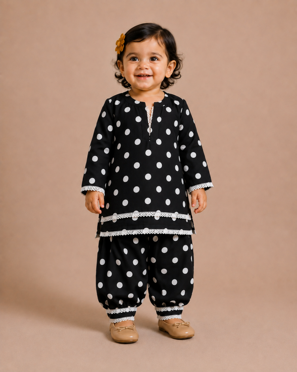 Black & White Polka Dot Baby Girl Shalwar Kameez Set (Long-Sleeve)