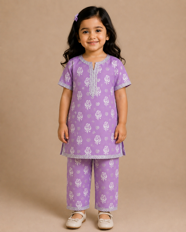 Lilac Rose Print Baby Girl Kameez & Kapri Trouser Set (Short-Sleeve)