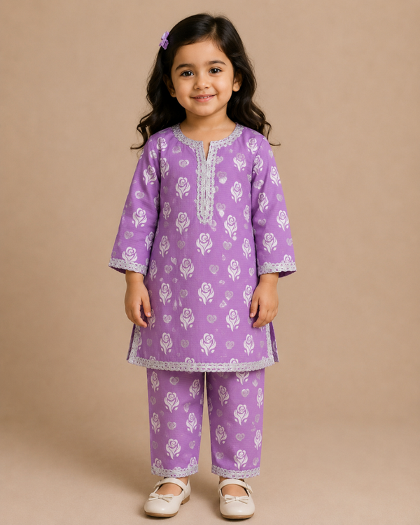 Lilac Rose Print Baby Girl Kameez & Kapri Trouser