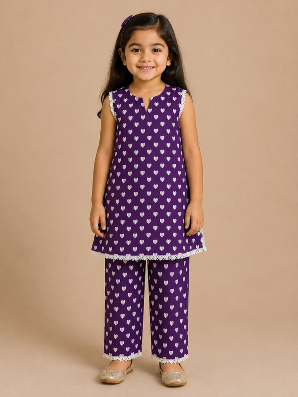 Purple Heart Print Baby Girl Kameez & Kapri Trouser Set (Sleeve-less)