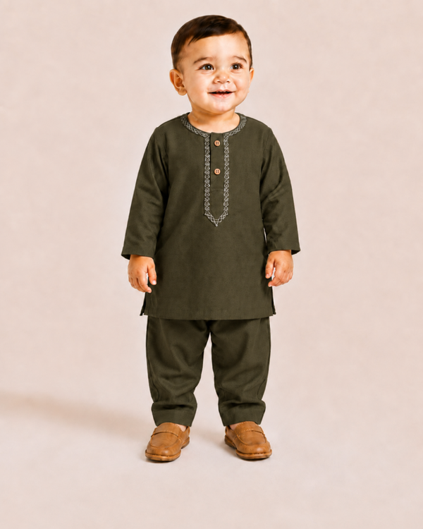 Khaki Green Baby Boy Shalwar Kameez Set