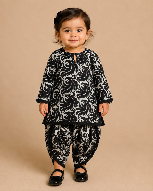 Black Monochrome Baby Girl Samosa Shalwar Kameez Set (Long Sleeve)