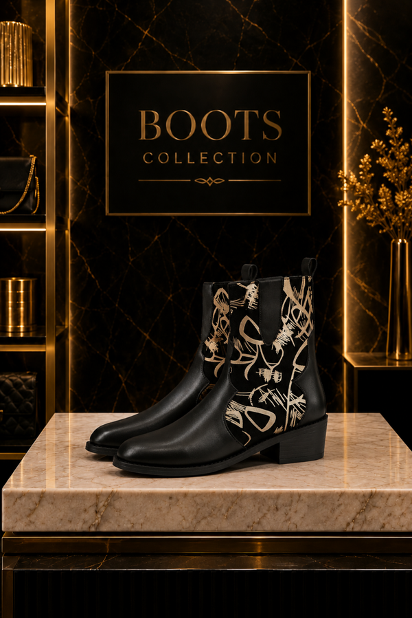 Dora Black & Gold Abstract Print Ankle Boots