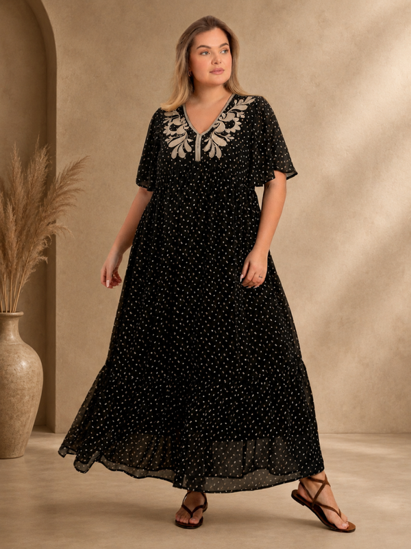 Rusttydustty Plus Size Embroidered V-Neck Flutter Sleeve Maxi