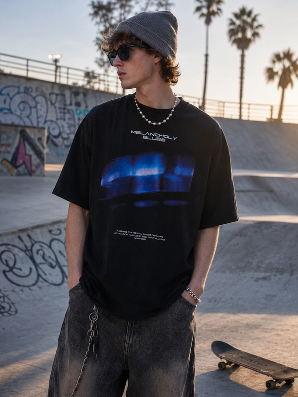 Melancholy Blues Oversized Washed Streetwear Graphic Tee