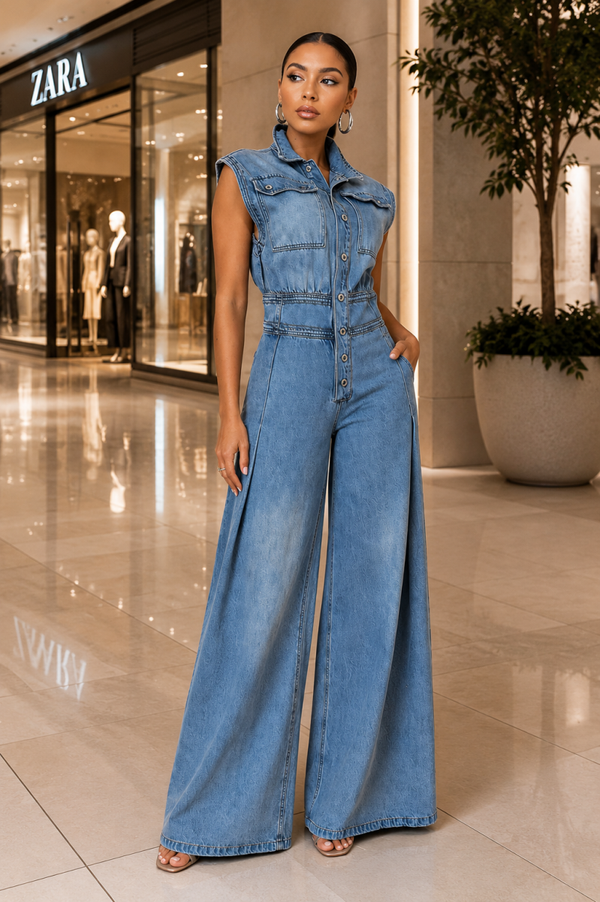 Theresa Luxe™ Sleeveless Wide-Leg Denim Jumpsuit