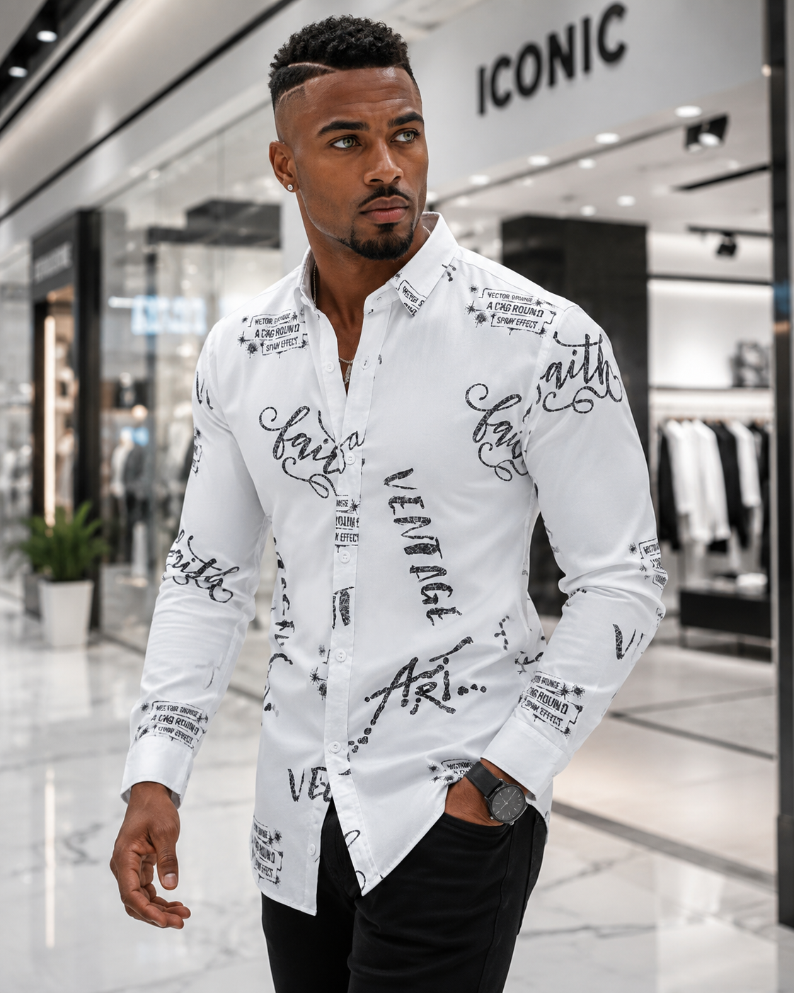 Urban Script Stretch Button-Up Shirt