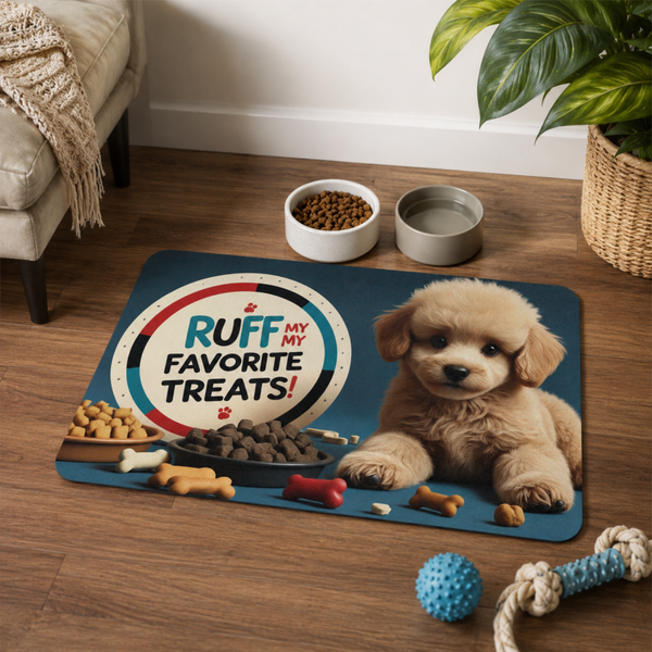 Cute Dog-Themed Pet Food Mat Ruff My Favorite Treat
