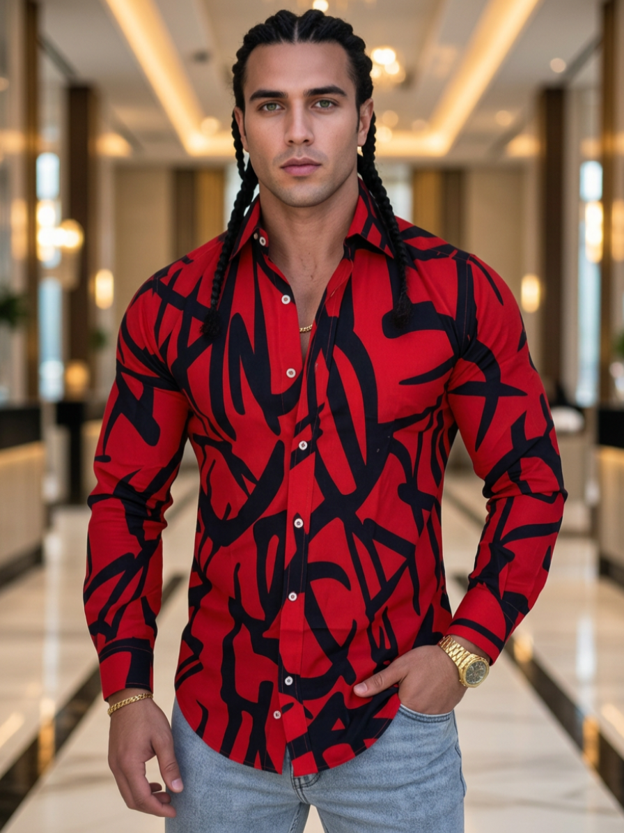 Crimson Edge Abstract Button-Up Shirt