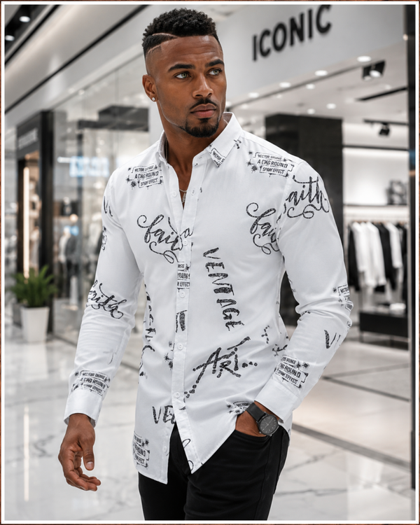 Urban Script Stretch Button-Up Shirt