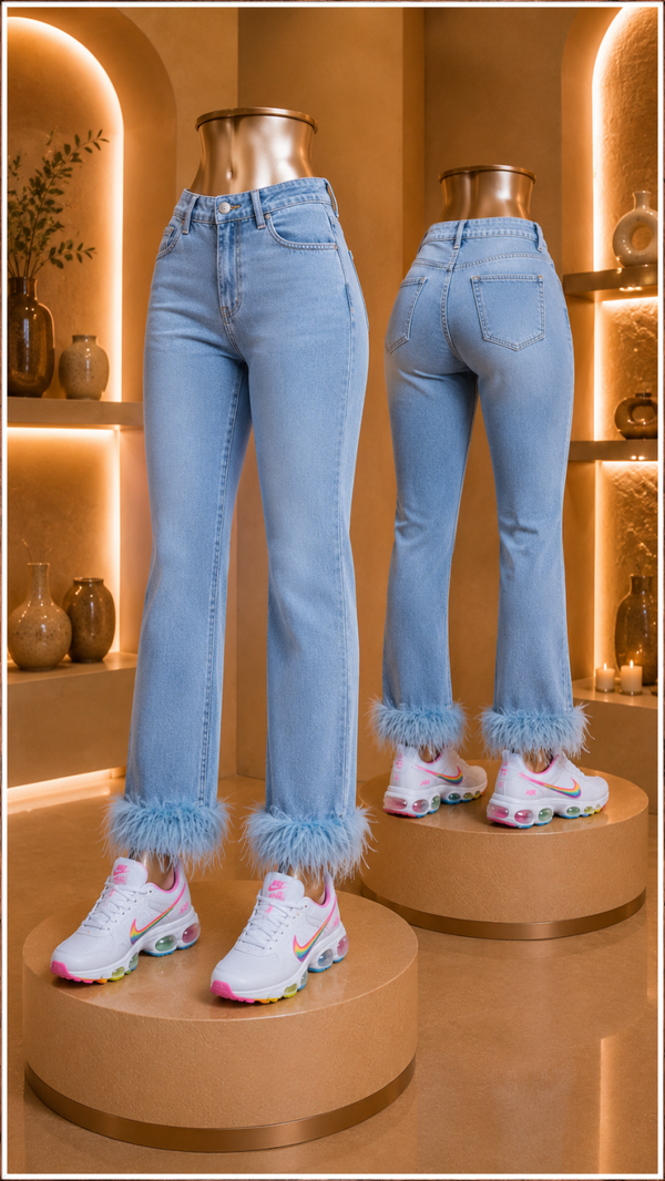 Cloud Nine Feather Trim Straight-Leg Jeans