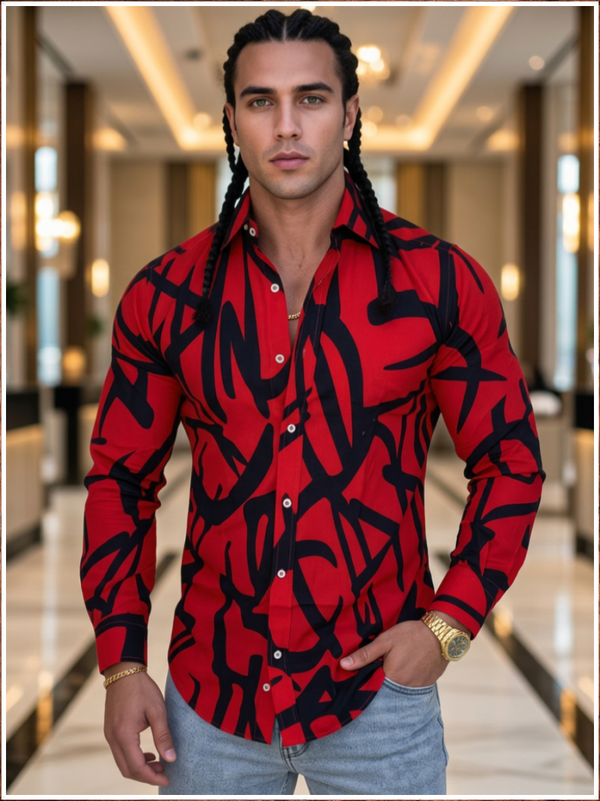 Crimson Edge Abstract Button-Up Shirt