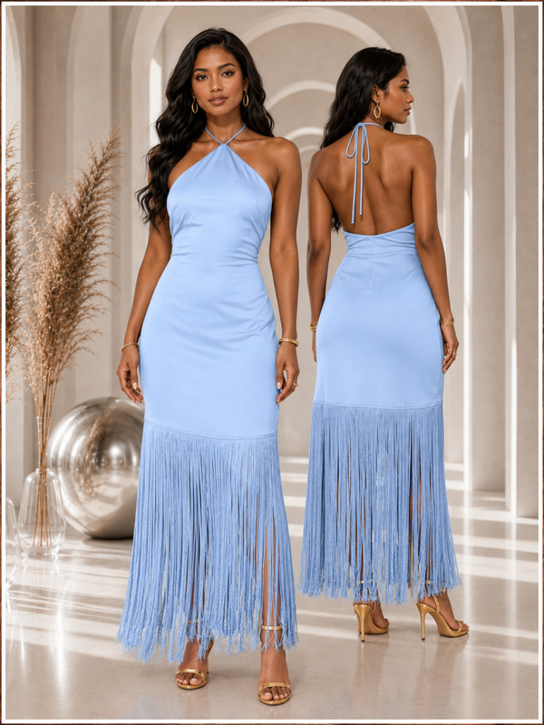 Blue Horizon Fringe Halter Dress