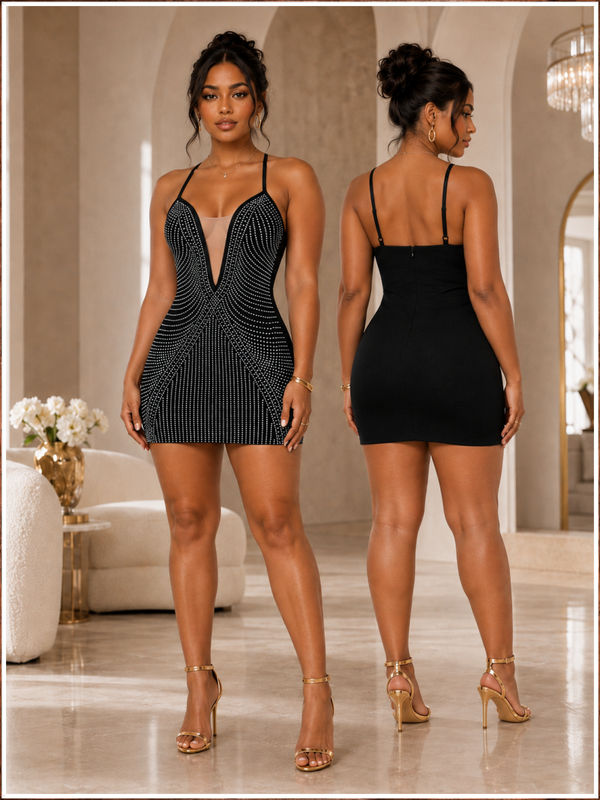 Midnight Stardust Rhinestone Mini Dress