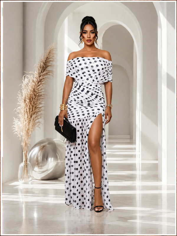Signature Polka Dot Ruched Slit Maxi Dress