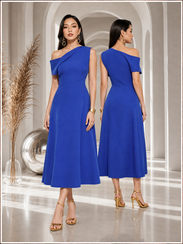 Cobalt Muse Asymmetrical Midi Dress