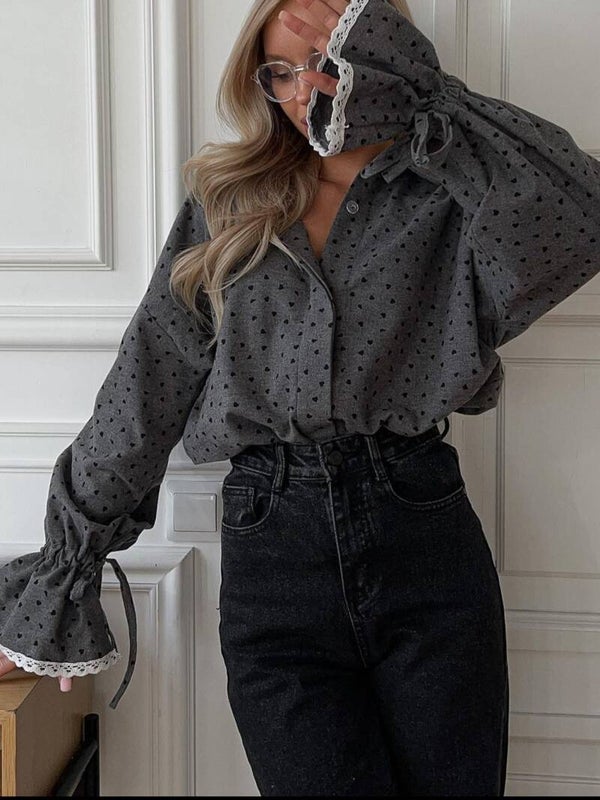 Heart Print Drawstring Sleeve Blouse