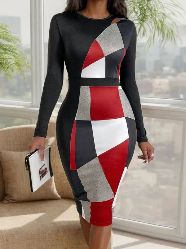 Crimson Mosaic Cutout Bodycon Midi Dress