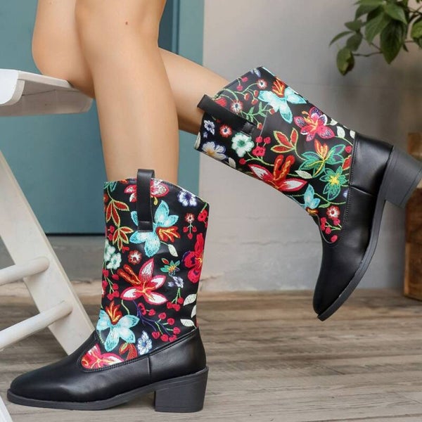 Midnight Bloom Floral Western Boots – Embroidered Mid Heel Cowgirl Boots