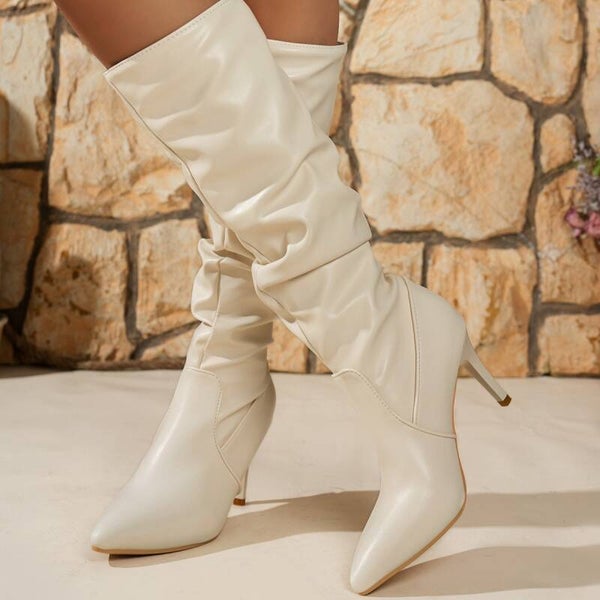 Ivory Elegance Slouch Stiletto Boots – Pointed Toe Knee-High Fashion Boots