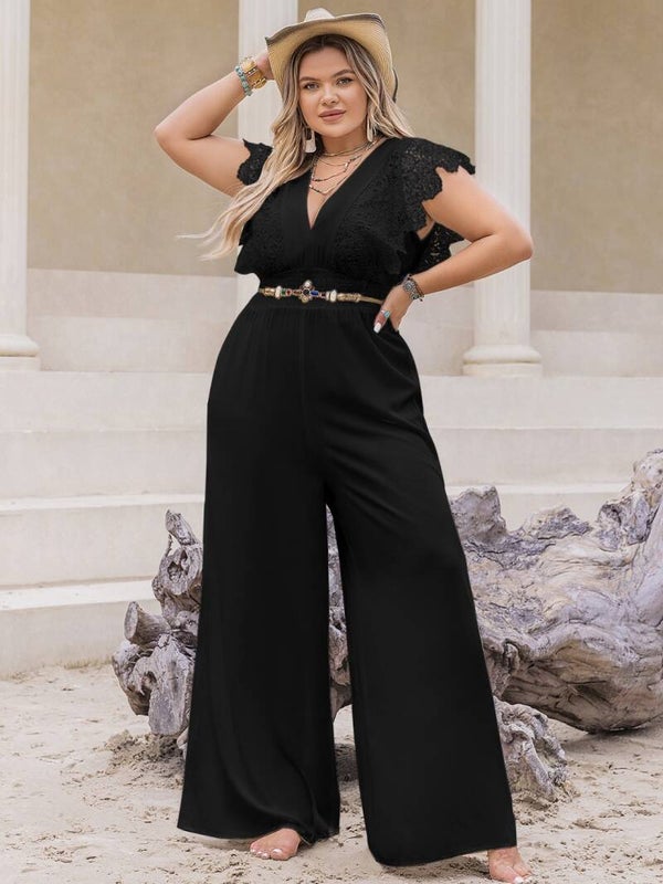 Midnight Elegance Plus Size Lace Detail Wide-Leg Jumpsuit