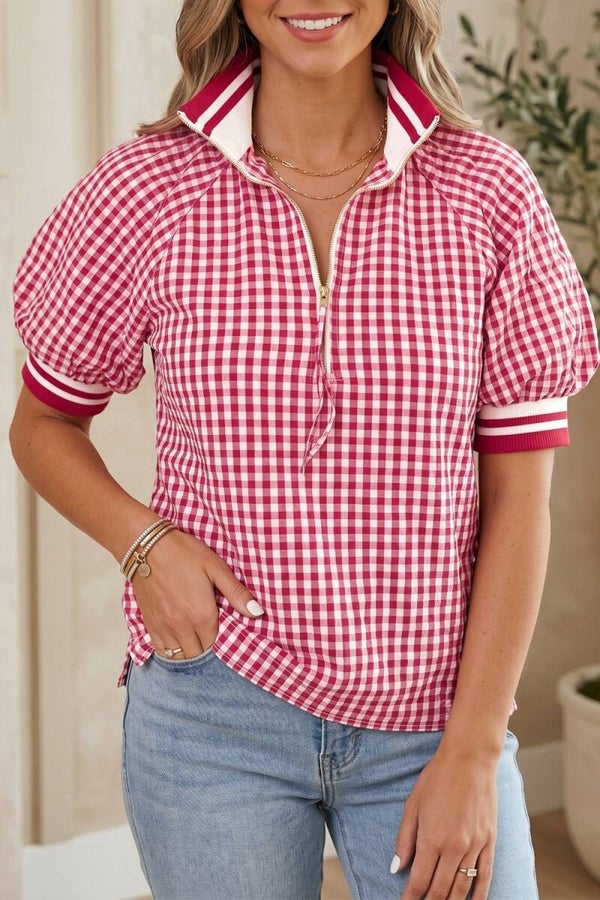 Rose Gingham Puff Sleeve Cotton Blouse