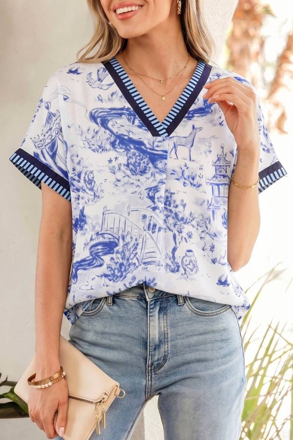 Blue Willow Print Striped Trim V-Neck Blouse