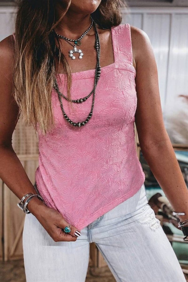 Blush Bloom Textured Square Neck Tank Top