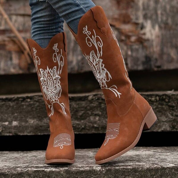 Frontier Bloom Embroidered Western Boots – Mid Heel Cowgirl Statement Boots