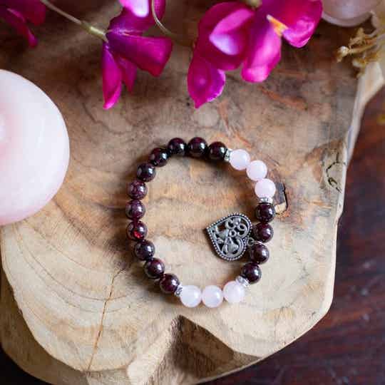 Edelsteen Armband Granaat/ Roze Kwarts met Hartje