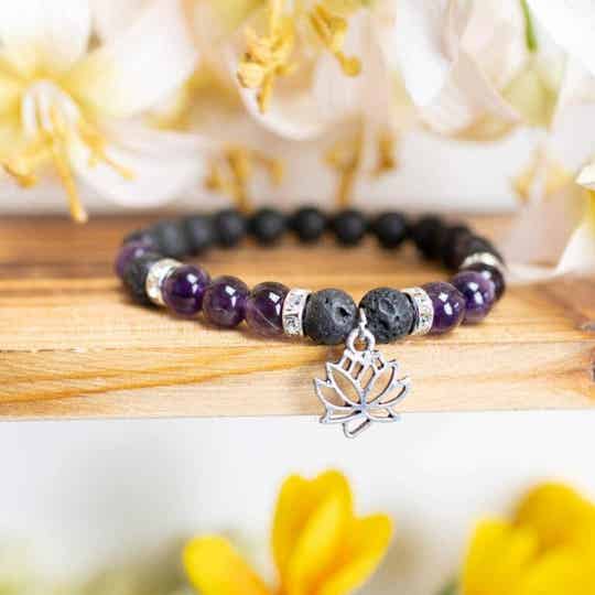 Edelsteen Armband Amethist/ Lavasteen met Lotus
