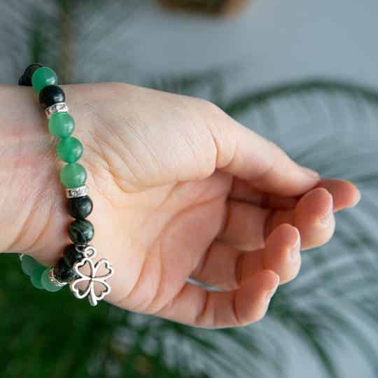 Edelsteen Armband Aventurijn/ Kambaba Jaspis met Klavertje Vier
