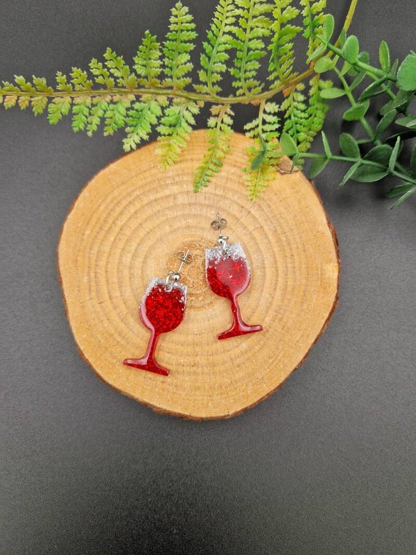 Boucles d'oreilles en résine verre de vin rouge,