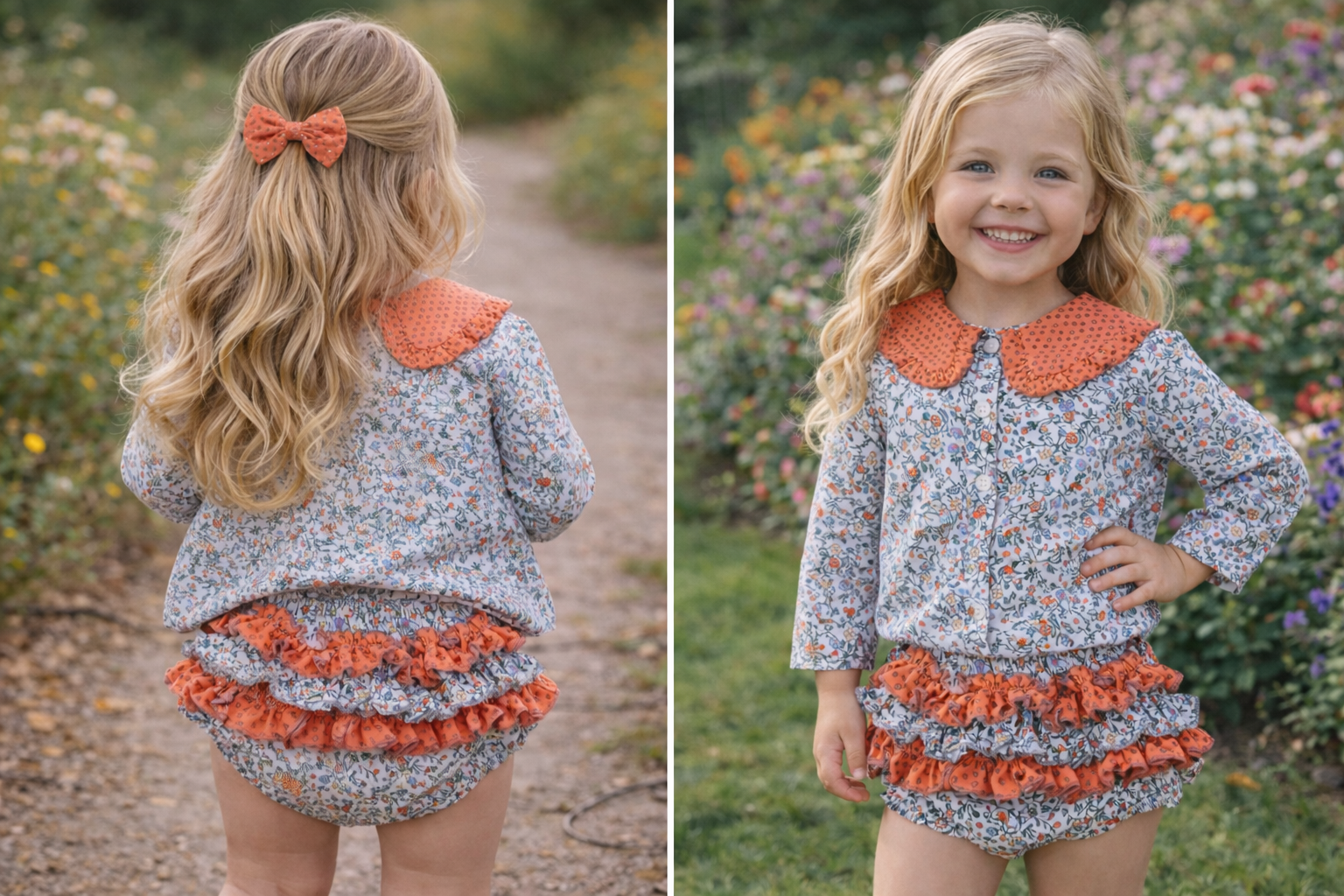 CONJUNTO FLORAL CUELLO NARANJA COSTURA