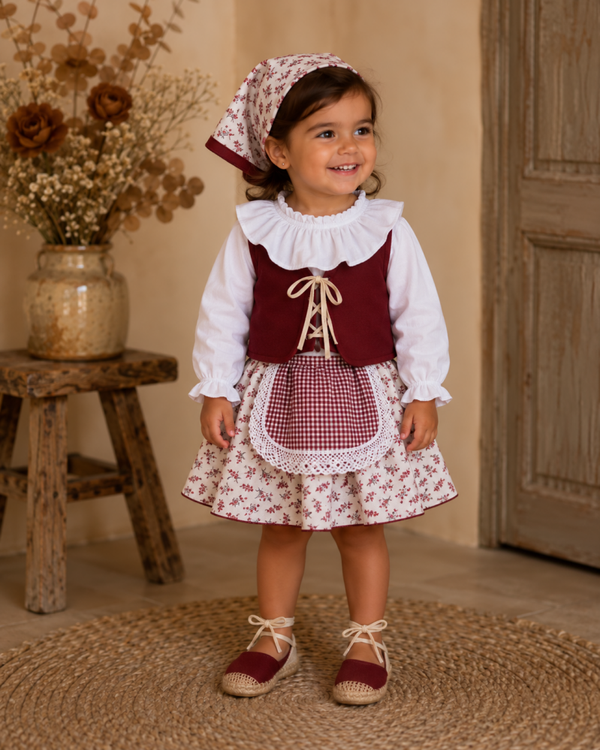 TRAJE PASTORCILLA BURDEOS FLORES PEQUEÑAS