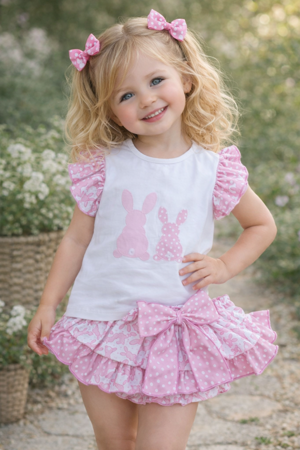 CONJUNTO CONEJITOS ROSA LUNARES