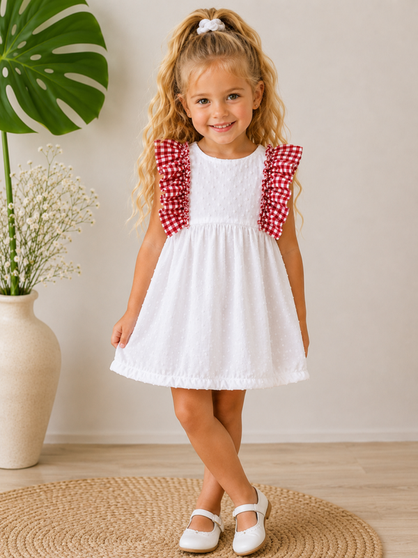 VESTIDO COSTURA BLANCO PLUMETI CON TIRANTES VICKY ROJO