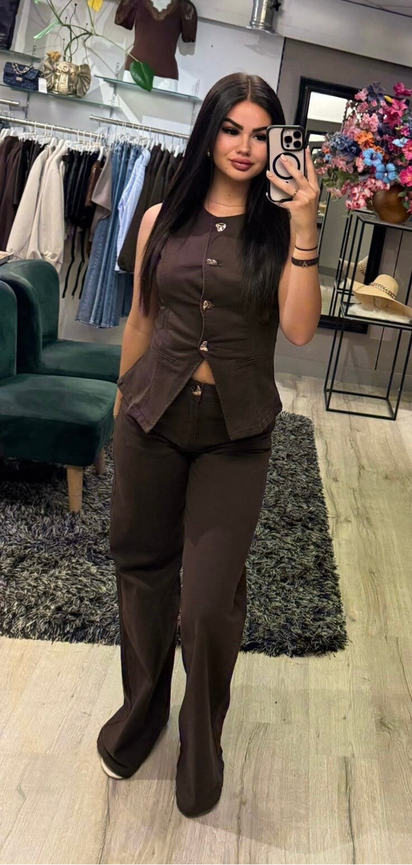 Denim set bruin