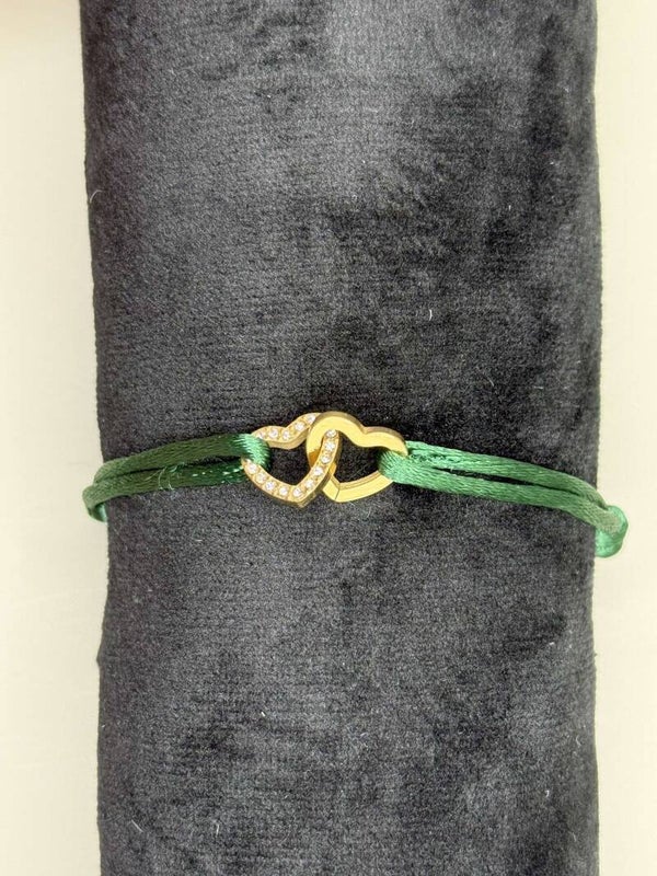 Stoffen Armband Hartjes Groen/Goud