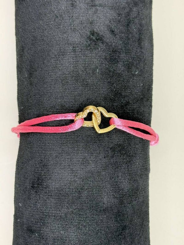 Stoffen Armband Hartjes Roze/Goud