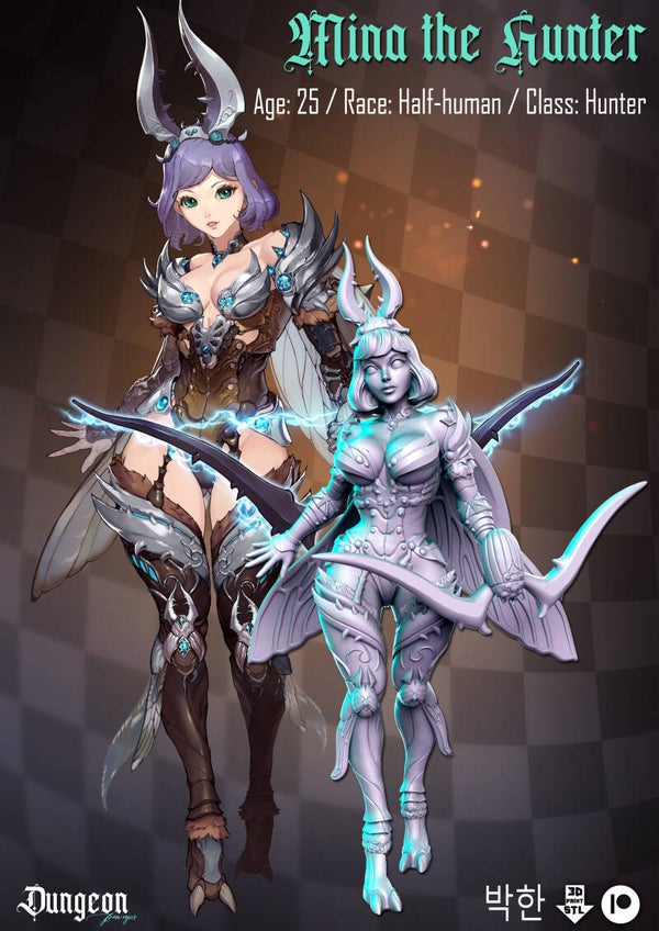 Dungeon Pin-Ups - Mina & Nina, die Jäger Zwillinge / 3D Miniatur für Wargaming und Tabletop, DnD, Fantasy