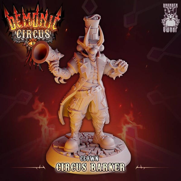 Demonic Circus - Clown Barker / 3D Miniatur für Wargaming und Tabletop, DnD, Fantasy