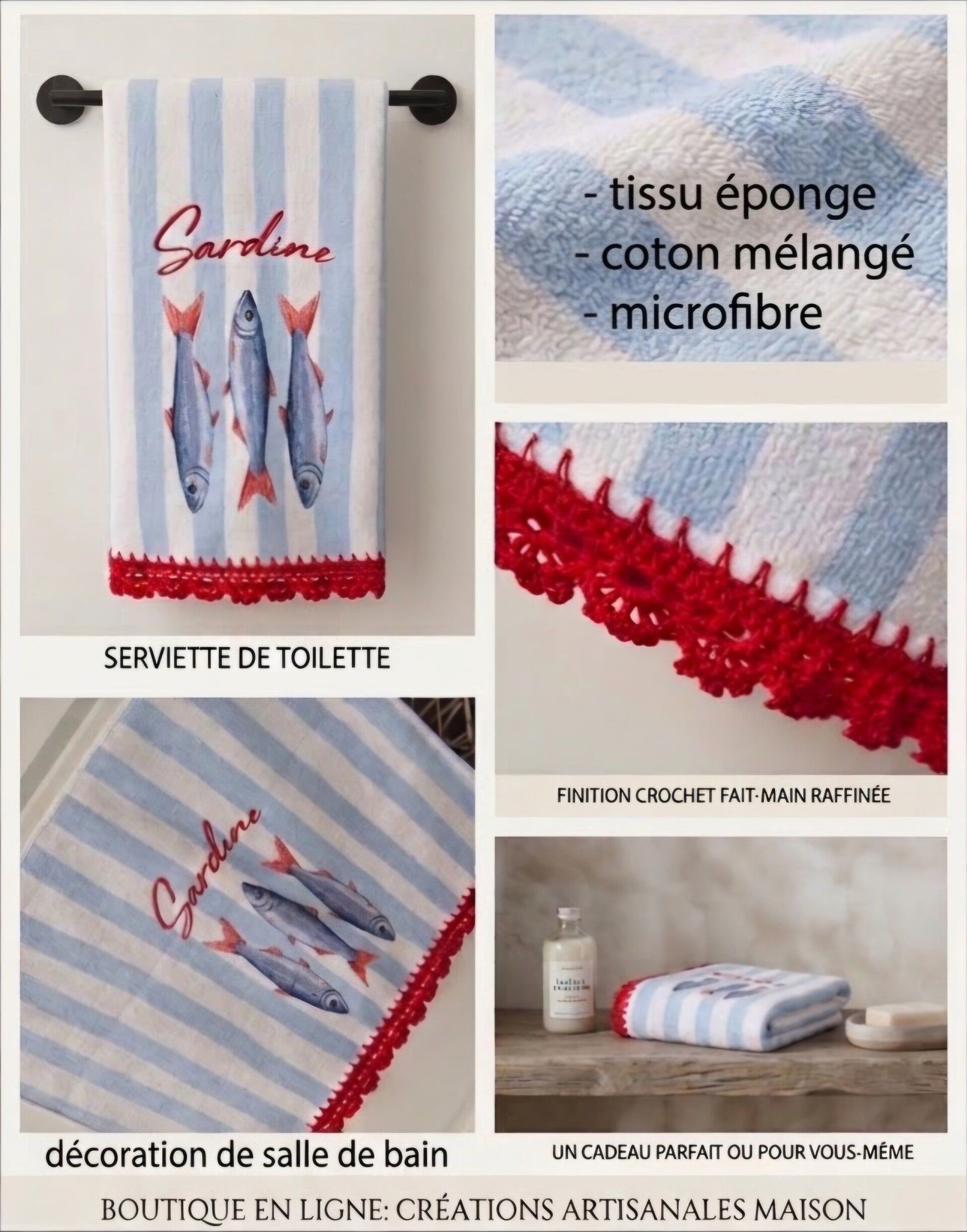 Torchon/serviette "sardine", bordure crochetée main