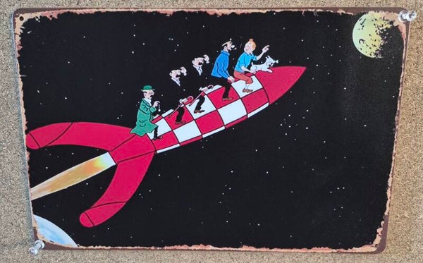Plaque aluminium "Tintin sur la lune"
