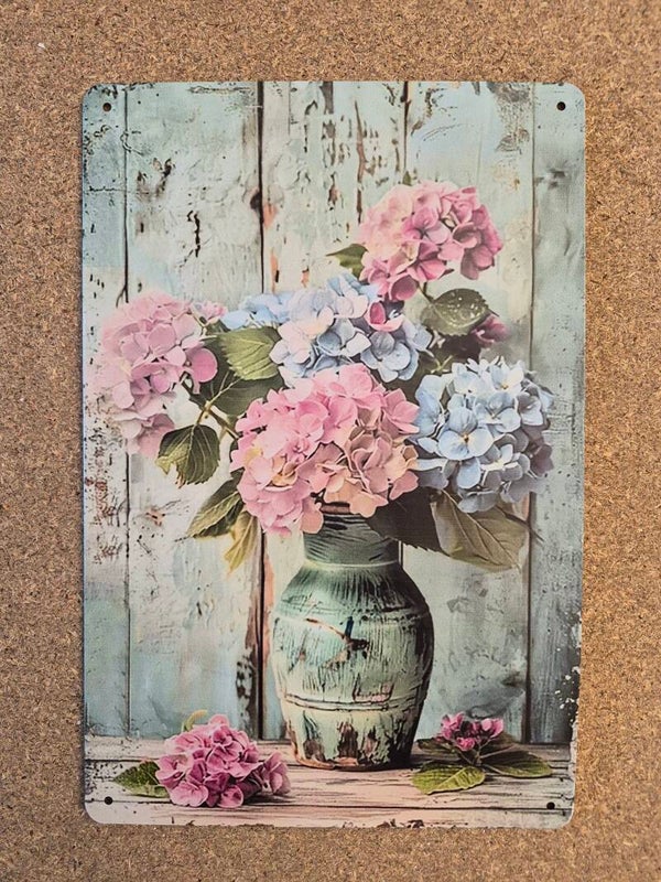 Plaque aluminium le vase aux hortensias