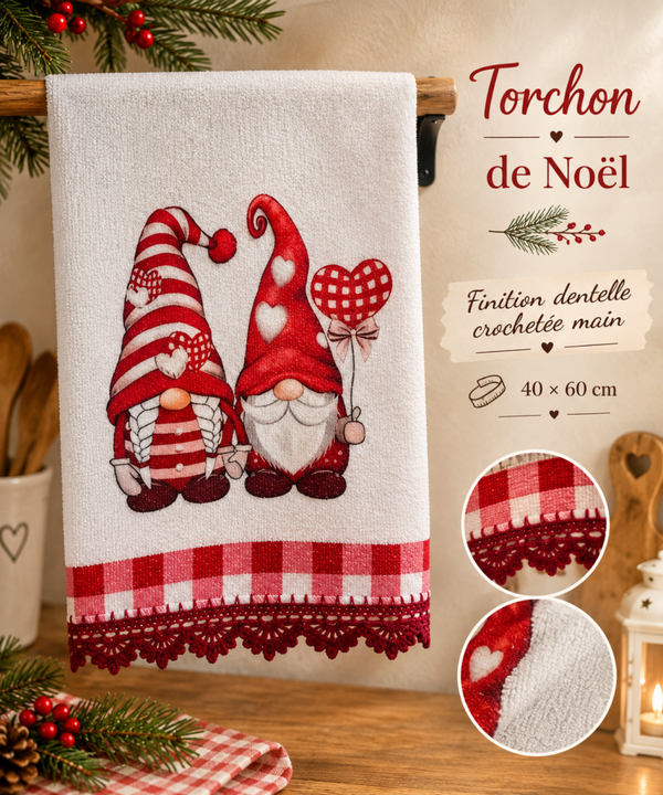 Torchon de Noël bordure crochetée main 40/60