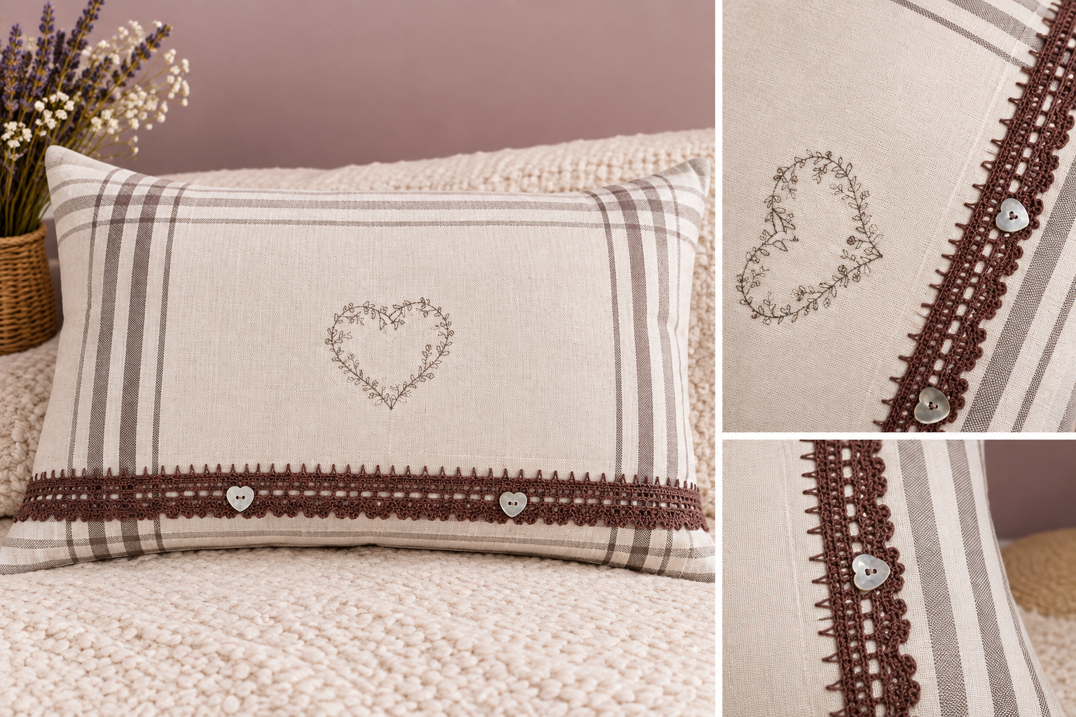 Housse de coussin, coeur chocolat, bordure crochetée main