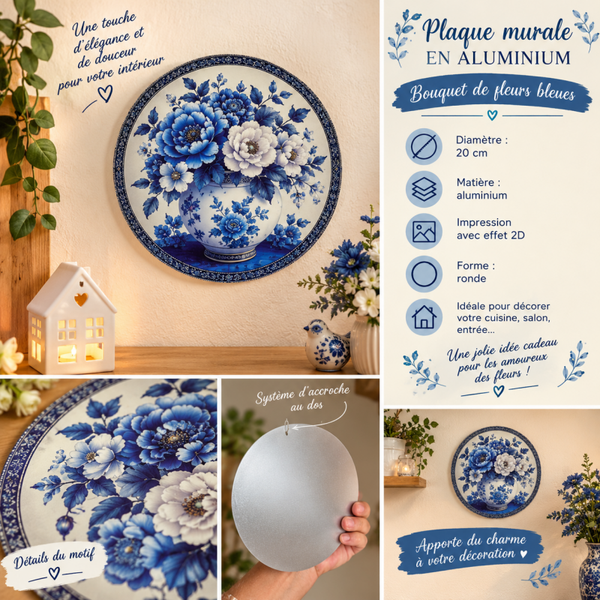 Plaque décorative ronde le bouquet bleu
